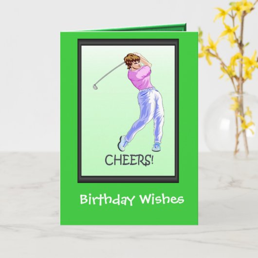ゴルフをする誕生日カード、女性ゴルファー カード (黄色い花)