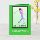 ゴルフをする誕生日カード、女性プレーヤー カード (黄色い花)