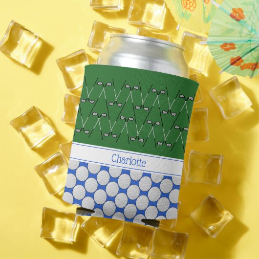 ゴルフをテーマにしたパターン名前をカスタムするグリーンブルー 缶クーラー (インサイチュ 夏)