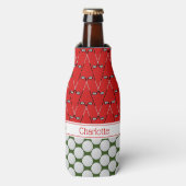 ゴルフをテーマにしたパターン名前をカスタムするレッド・グリーン ボトルクーラー (ボトル正面)
