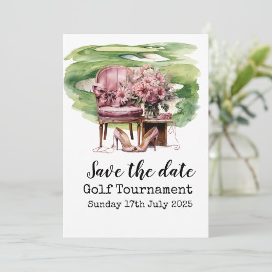 ゴルフをテーマにしたブライダルシャワーの招待状 – Fore 招待状 (スタンド正面)