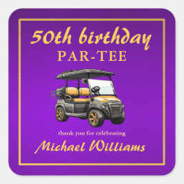 ゴルフをテーマにした大人っぽいゴルフカートのデザイン ゴールドとパープルの50歳の誕生日 スクエアシール