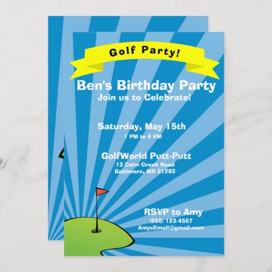 ゴルフをテーマにした誕生日パーティーの招待状 招待状 (正面/裏面)