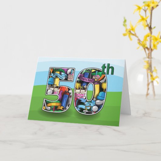 ゴルフをテーマにした50回目の誕生日おめでとうデザイン カード (黄色い花)
