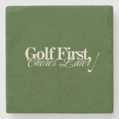 ゴルフを先に、家事は後で ファニークラシックグリーン ストーンコースター (正面)