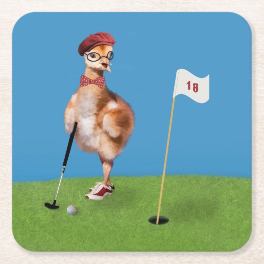 ゴルフを遊んでいるユーモアのあるな鳥 スクエアペーパーコースター (正面)