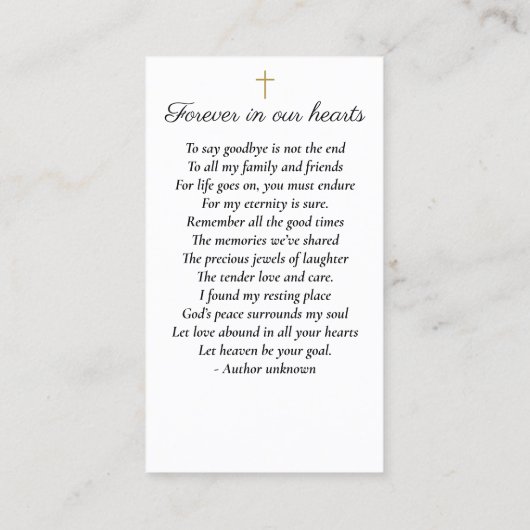 ゴルファシンプルー写真葬儀記念祈りの言葉カード 名刺 (裏面)