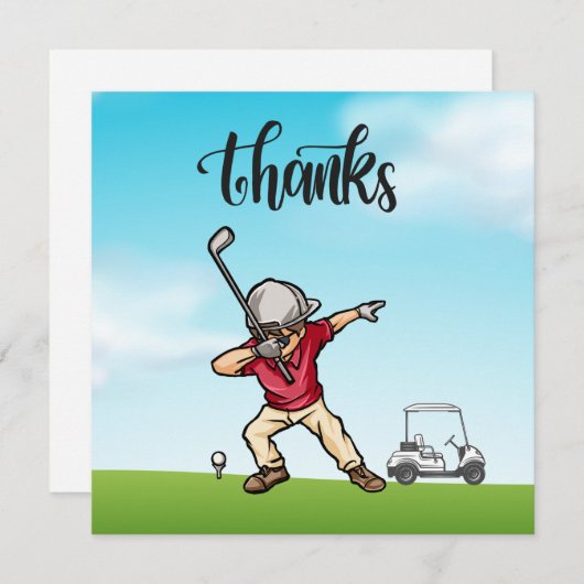 ゴルファーがゴルフ場でダビング感謝していする サンキューカード (正面/裏面)