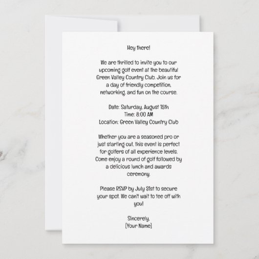 ゴルファーとのゴルフパーティの招待状カードの水色 招待状 (裏面)
