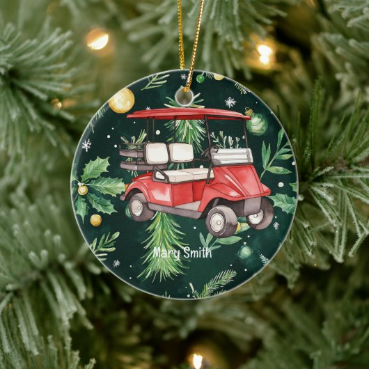 ゴルファーのためのクリスマスバックグラウンドのゴルフカート セラミックオーナメント (ツリー)
