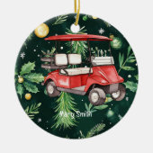 ゴルファーのためのクリスマスバックグラウンドのゴルフカート セラミックオーナメント (正面)