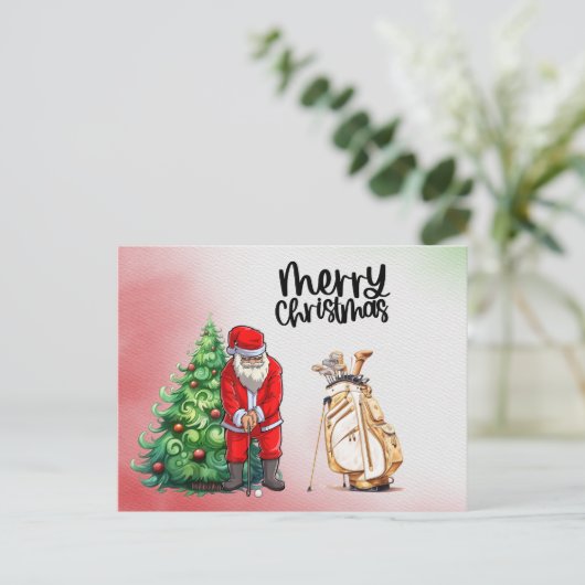 ゴルファーのためのクリスマスプレゼントとゴルフサンタクロース シーズンポストカード (スタンド正面)