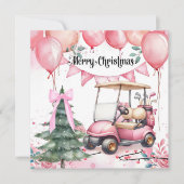 ゴルファーのためのピンクのクリスマス ゴルフカート付き シーズンカード (正面)