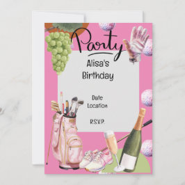 ゴルファーのためのピンクのゴルフアイアンとボールが全面にプリントされたデザイン 招待状