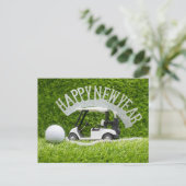 ゴルファーのための緑の草の上にゴルフの新年を幸せ シーズンポストカード (スタンド正面)