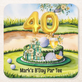 ゴルファーのコースにケーキとゴルフ40th誕生日 スクエアペーパーコースター