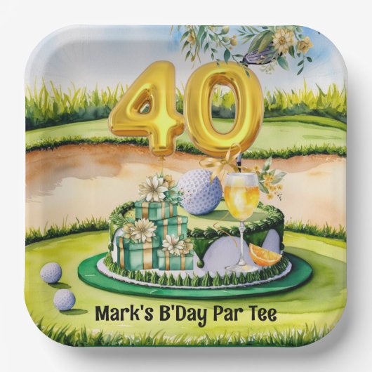 ゴルファーのコースにケーキとゴルフ40th誕生日 ペーパープレート (正面)
