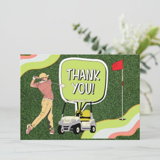 ゴルファーのゴルフは緑の草の上でお礼を言う サンキューカード (スタンド正面)