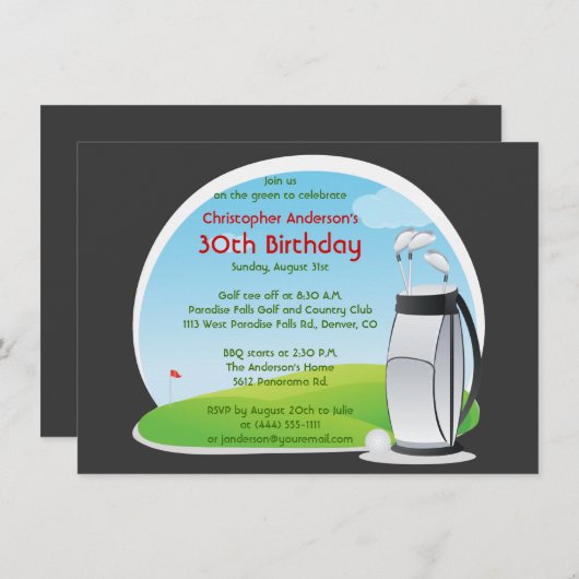 ゴルファーのゴルフゴルフをするバッグおよびクラブ第30誕生日 招待状 (正面/裏面)
