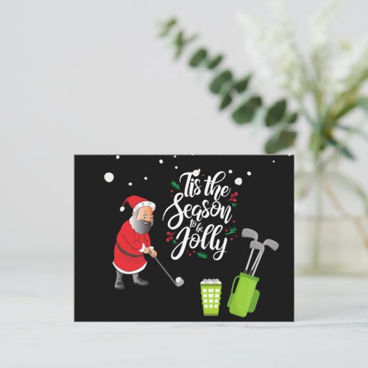 ゴルファーのサンタクロースがクリスマスの雪を降るゴルフボール ポストカード (スタンド正面)