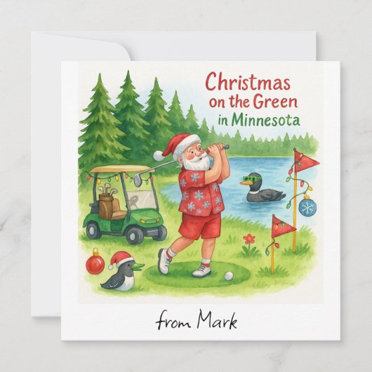ゴルファーのサンタクロース ミネソタ州の湖を望むゴルフ シーズンカード (正面)