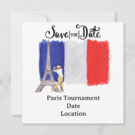 ゴルファーのフラッグフランスのフランスを持つゴルフエッフェルタワー セーブザデート