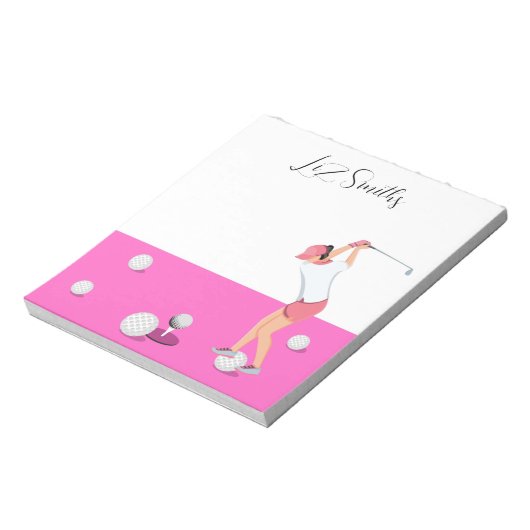ゴルファーの女性のための名前を持つゴルフのピンクテーマ ノートパッド (回転)