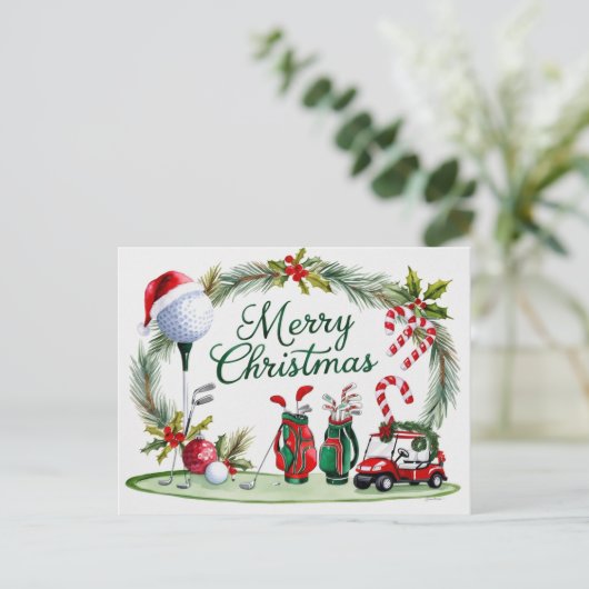 ゴルファーの水彩用にテーマ化されたゴルフクリスマス シーズンポストカード (スタンド正面)