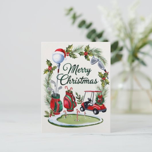ゴルファーの水彩用にテーマ化されたゴルフクリスマス シーズンポストカード (スタンド正面)