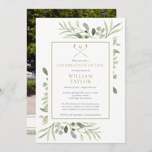 ゴルファーの葬儀お祝いの緑の生活の写真 招待状 (正面/裏面)