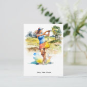 ゴルファーはゴルフカートでゴルフをしている水彩色 ポストカード (スタンド正面)