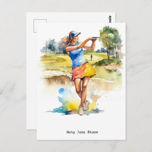 ゴルファーはゴルフカートでゴルフをしている水彩色 ポストカード (正面/裏面)