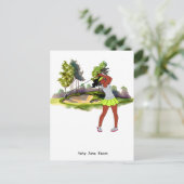 ゴルファーは女性ゴルファーのための水の色をゴルフしている ポストカード (スタンド正面)