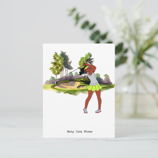 ゴルファーは女性ゴルファーのための水の色をゴルフしている ポストカード (スタンド正面)