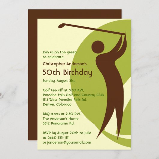 ゴルファーゴルフグリーンブラウン50th誕生日 招待状 (正面/裏面)