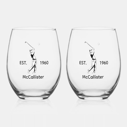 ゴルファーパーソナライズされたと名前と年 ステムなしワイングラス (正面)