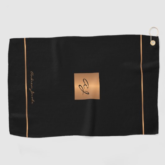 ゴルファーモノグラムのブラックモダンエレガント金ゴールド ゴルフタオル (横)