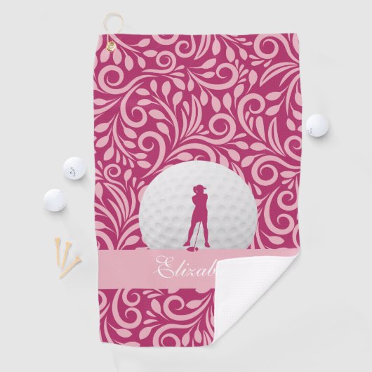 ゴルファーレディーシルエットピンクガーリー名前をカスタムする ゴルフタオル (インサイチュ)