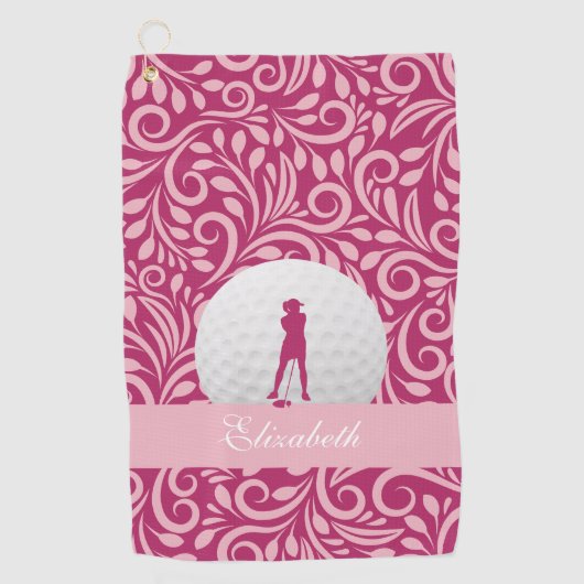 ゴルファーレディーシルエットピンクガーリー名前をカスタムする ゴルフタオル (正面)