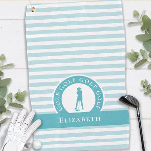 ゴルファー名女性シルエットモノグラム名ティール（緑がかった色） ゴルフタオル