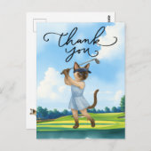 ゴルファー猫が空にサンキュー文字と共にゴルフを楽しむ ポストカード (正面/裏面)