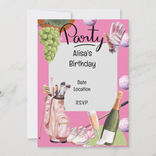 ゴルファー用のピンクのゴルフアイアンにボールがたくさん 招待状 (正面)