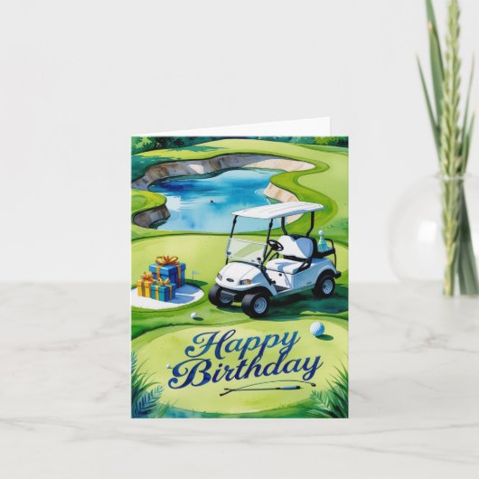 ゴルファー用ゴルフカート付きゴルフ誕生日 カード (正面)