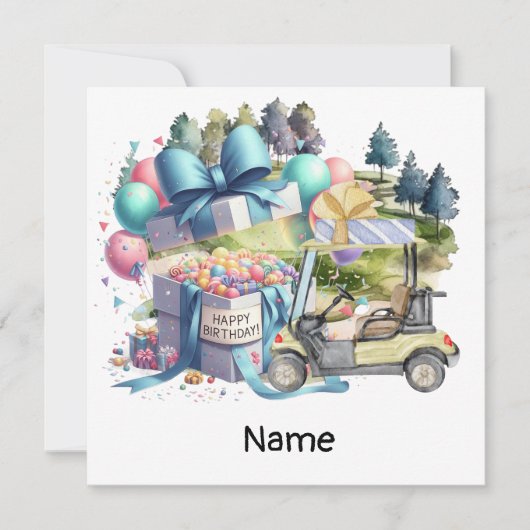ゴルファー用ゴルフカート付きゴルフ誕生日 カード (正面)