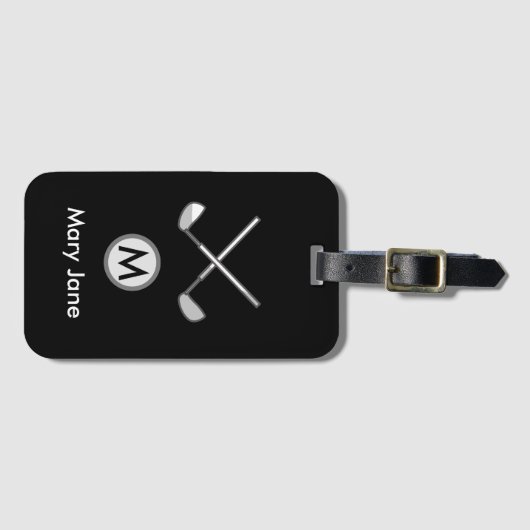 ゴルファー用黒色ゴルフアイアン・モノグラム名 ラゲッジタグ (正面横)