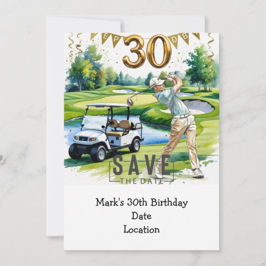 ゴルファー30歳の誕生日 ゴルフカートで Save the Date 招待状 (正面)