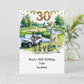 ゴルファー30歳の誕生日 ゴルフカートで Save the Date 招待状 (スタンド正面)
