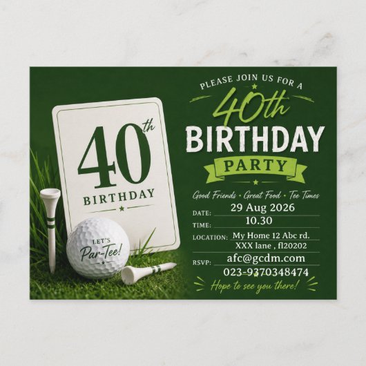 ゴルファー40歳の誕生日パーティー招待状 インビテーションポストカード (正面)