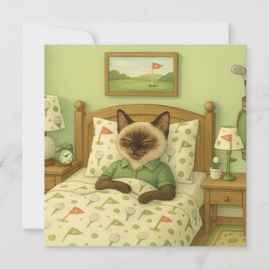 ゴルファー・キャットがゴルフをテーマにした寝室で寝ている (正面)