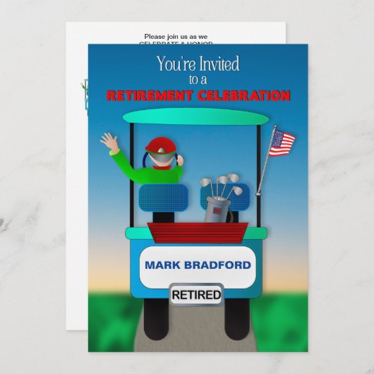 ゴルファー・ゴルフカートの退職招待状 招待状 (正面/裏面)